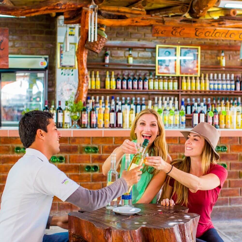 Tourists enjoying a traditional Pisco tasting experience in the vineyards of Ica during a full day tour from Lima.