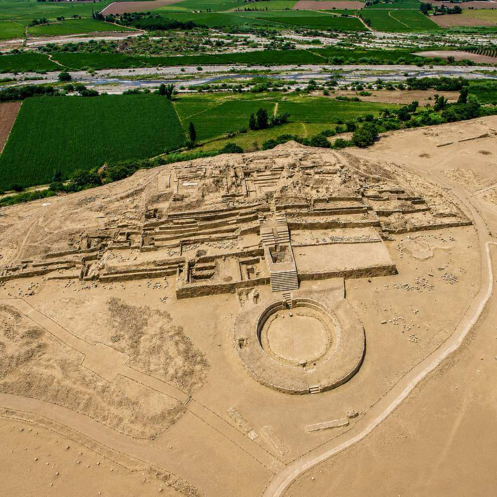 Aerial view of the Sacred City of Caral in Peru, the oldest civilization in the Americas, visited on the Tour to Caral from Lima.