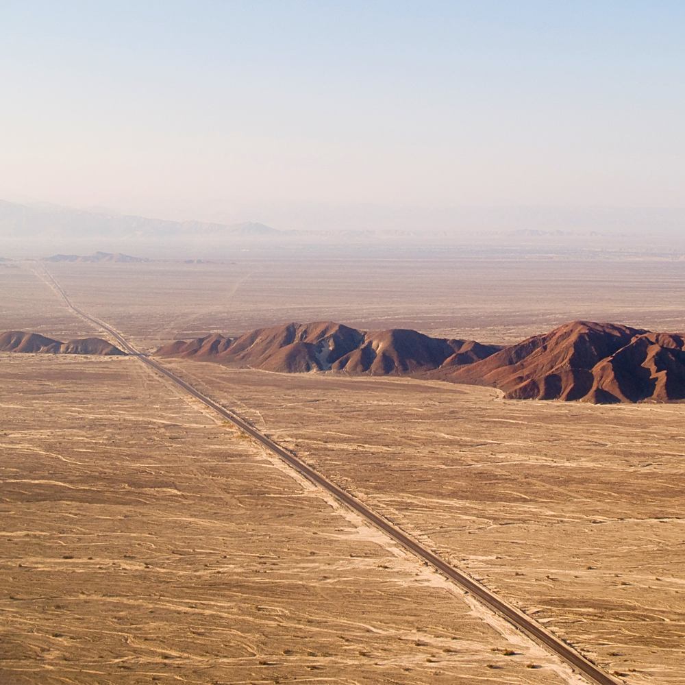 Aerial view of the Nazca Desert and the Pan-American Highway during a Nazca Lines Full Day Tour from Lima, Peru.