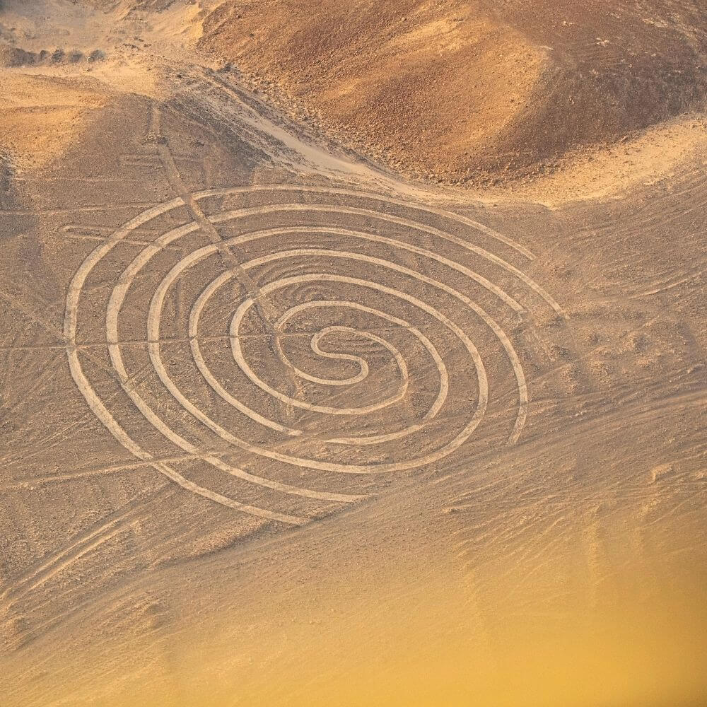 Aerial view of the famous spiral geoglyph among the Nazca Lines in southern Peru.