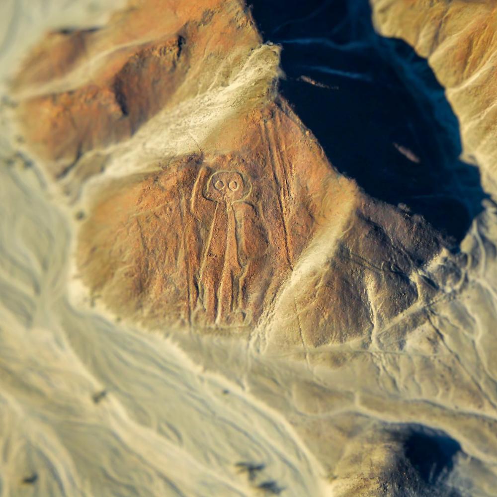 Aerial view of the famous Astronaut geoglyph at the Nazca Lines UNESCO World Heritage Site in Peru