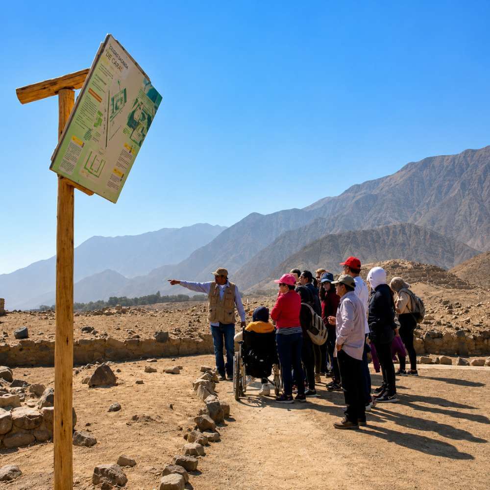 Guided visit to the Sacred City of Caral during the Tour to Caral from Lima, Peru’s oldest archaeological civilization.