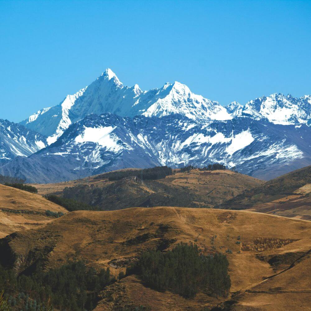 Panoramic view of the snow-capped Salkantay Mountain along the scenic route to the Humantay Lake Trek from Cusco.