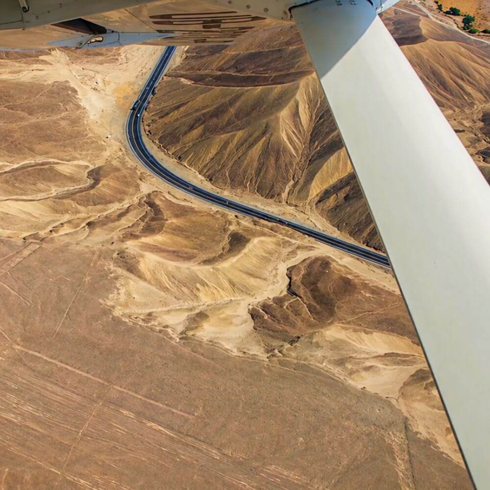 Aerial view of the Nazca Desert from scenic flight aircraft