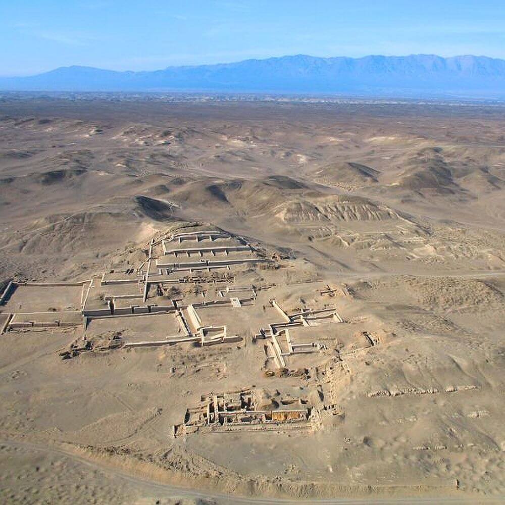 Aerial view of the ancient Pyramids of Cahuachi in Nazca Peru