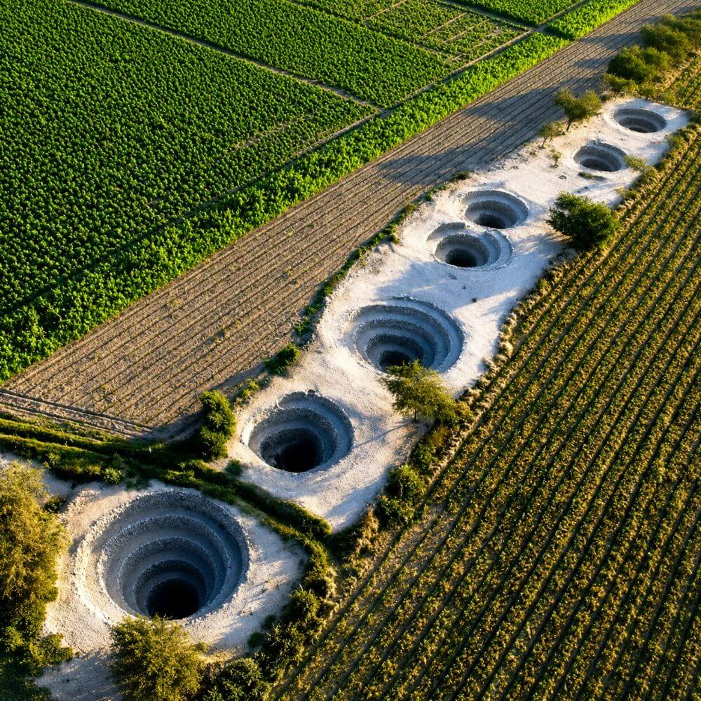 Cantayo Aqueducts in Nazca, Peru, showing the famous spiral puquios and ancient underground water system surrounded by green agricultural fields.
