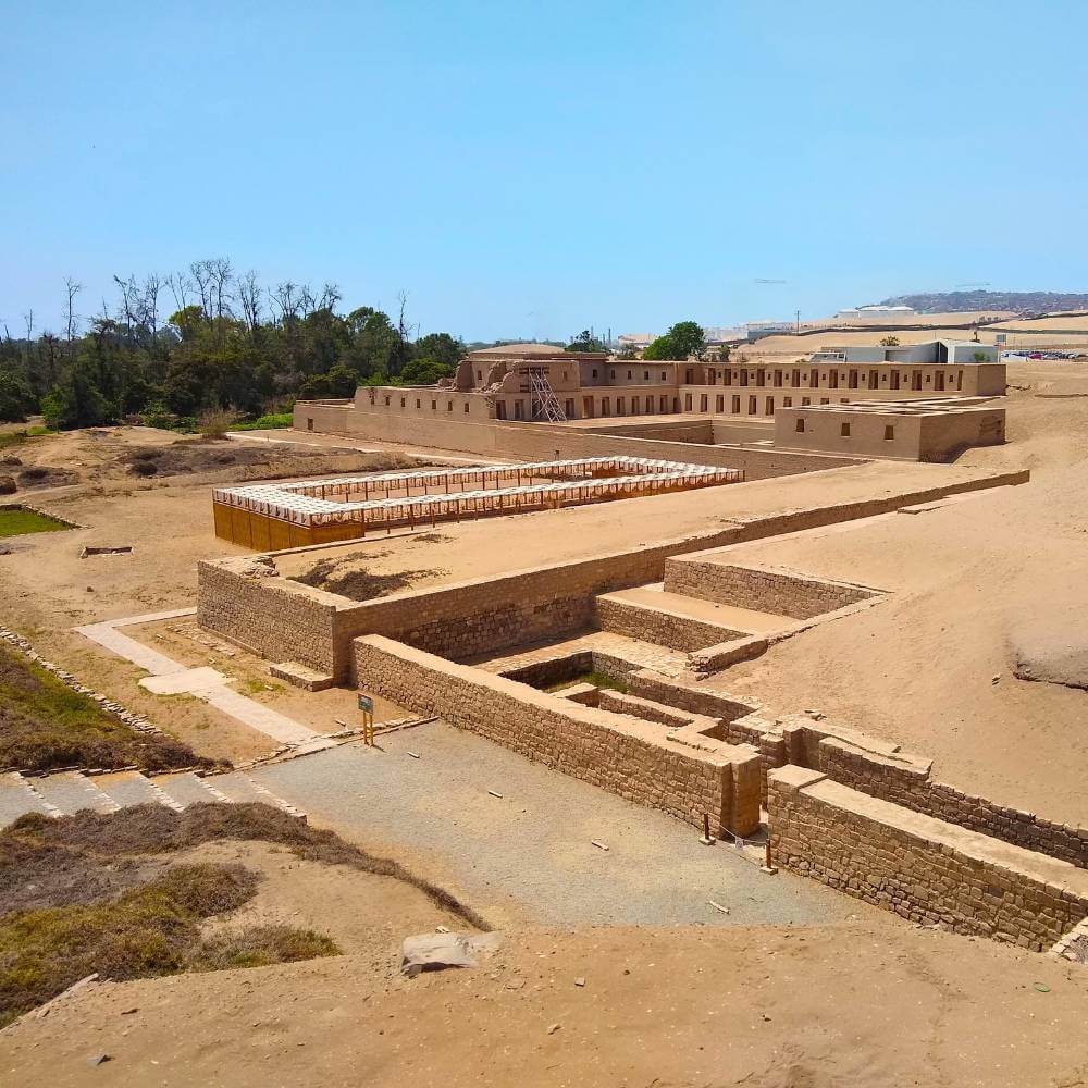 Panoramic view of the reconstructed Acllahuasi complex at the Pachacamac Archaeological Sanctuary near Lima.