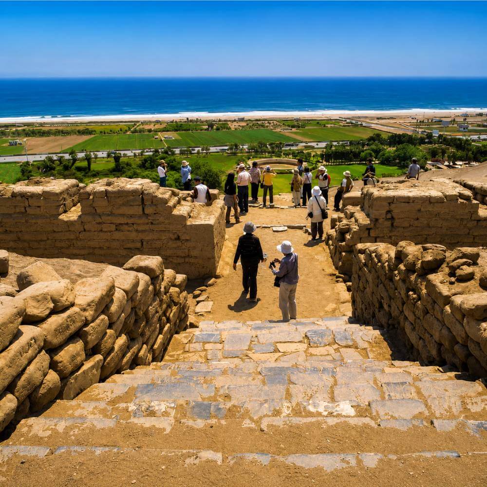 Panoramic coastal landscape seen from the Pachacamac Ruins overlooking the Pacific Ocean and the Lurín Valley.