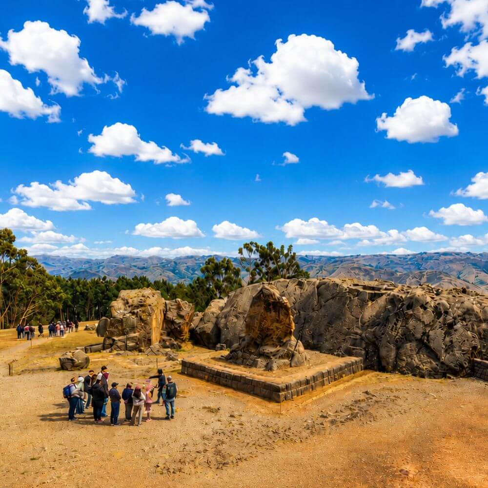 Panoramic view of Qenqo archaeological site near Cusco, an ancient Inca ceremonial center surrounded by Andean landscapes.
