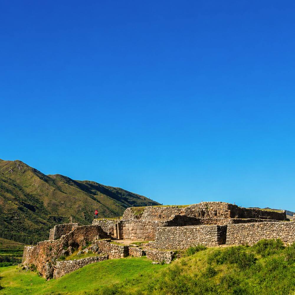 Ancient terraces and stone structures of Puka Pukara, the Red Fortress overlooking the Cusco Valley.