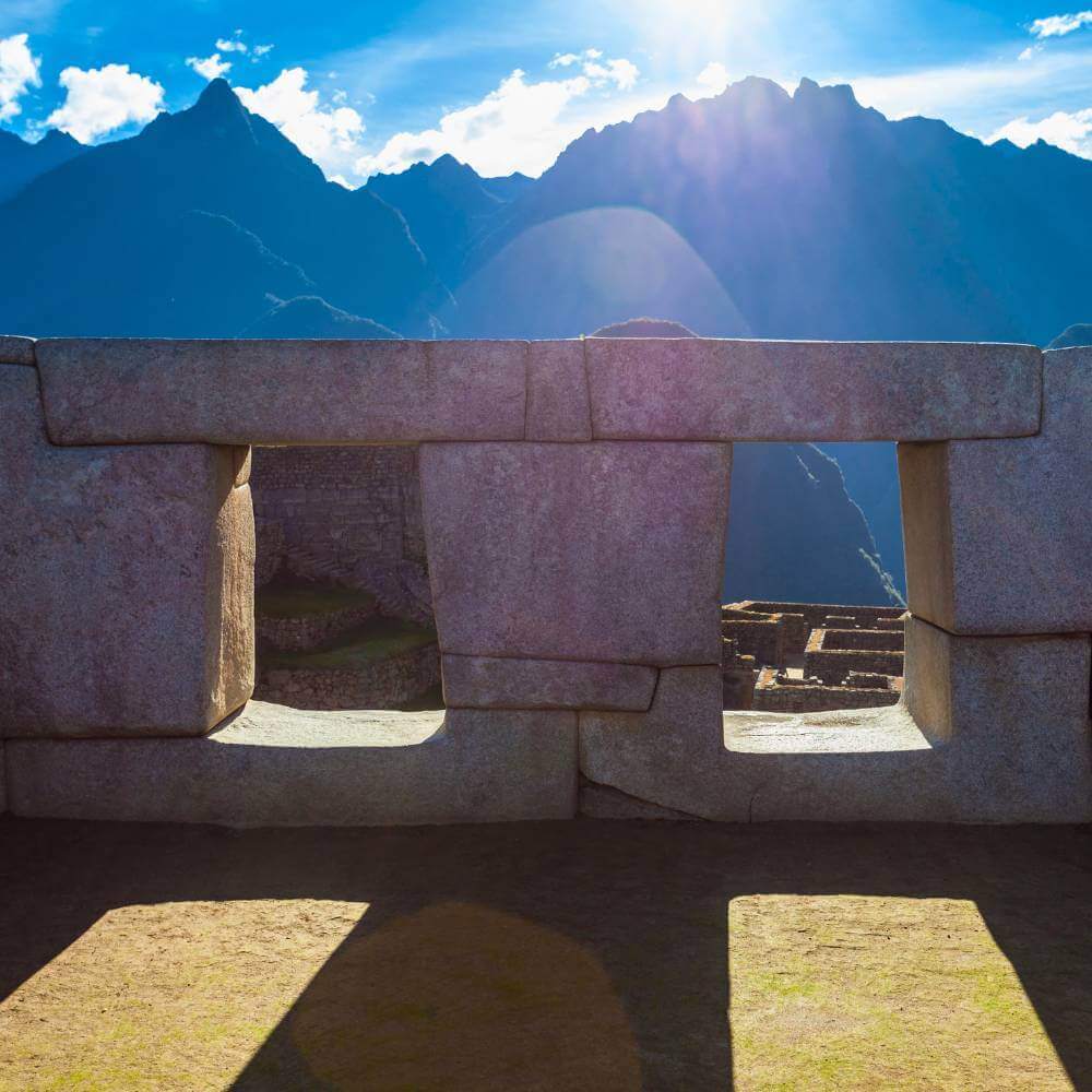 Historic Inca stone window at Machu Picchu, a UNESCO World Heritage Site in Peru