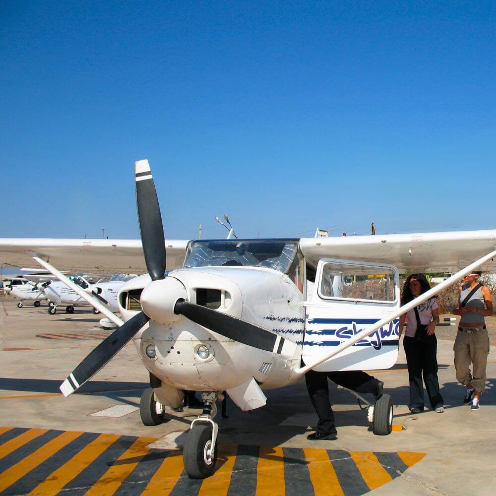 Light aircraft at the Nazca aerodrome getting ready for a flight over the Nazca Lines