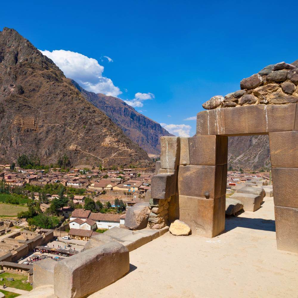 Ancient Inca stone structures overlooking the Sacred Valley of the Incas.