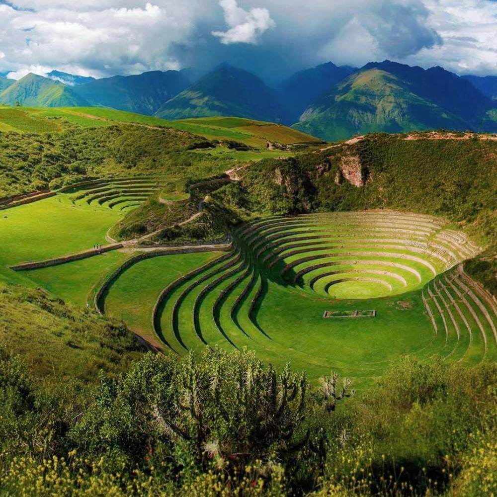 Aerial view of the circular terraces of Moray, a fascinating Inca archaeological site in the Sacred Valley of Peru.