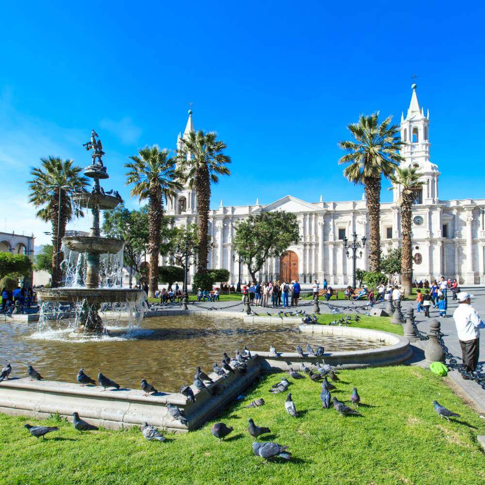The Plaza de Armas and the magnificent Arequipa Cathedral surrounded by palm trees on a sunny day in Peru's White City.