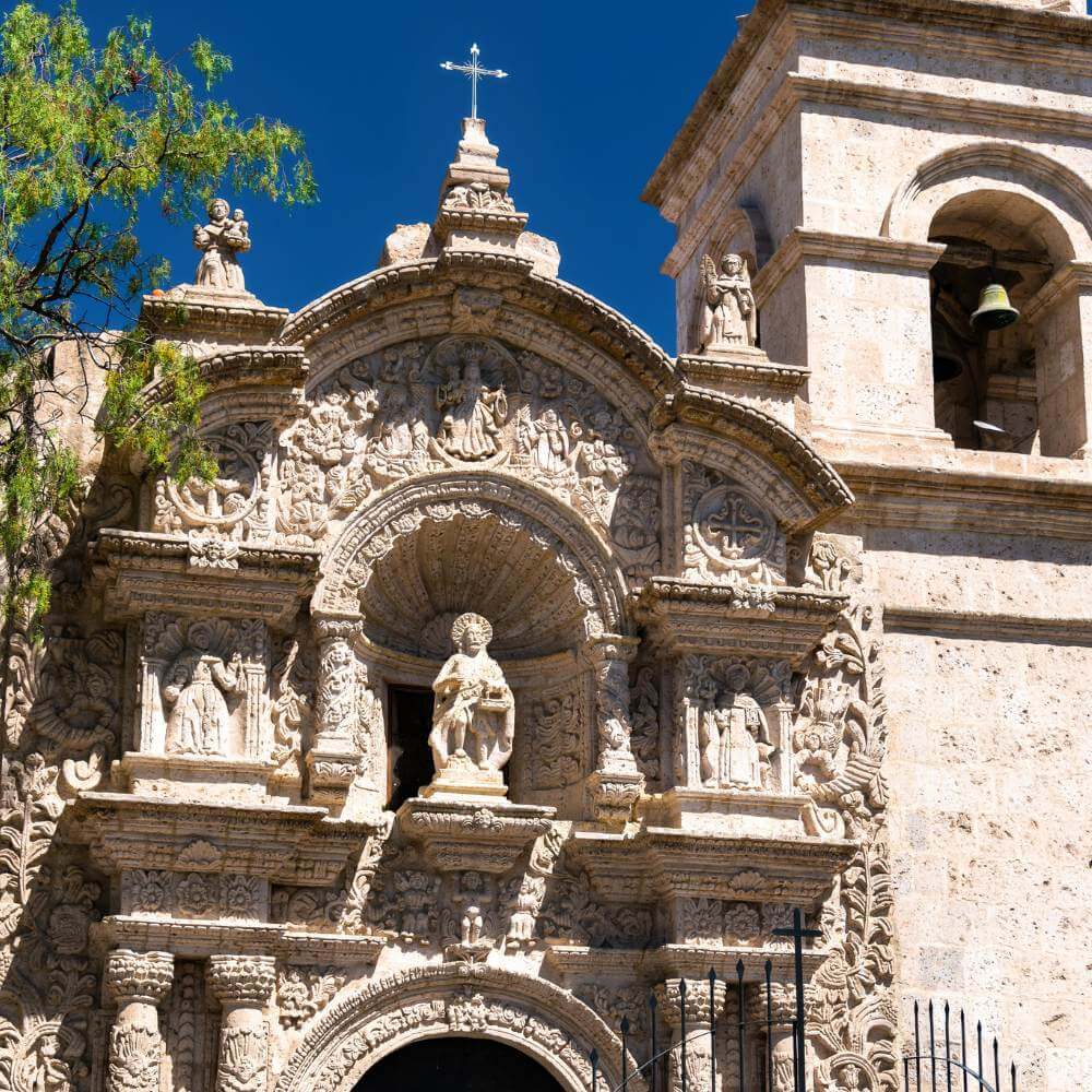 Intricately carved Baroque façade of the Church of the Society of Jesus in Arequipa's UNESCO World Heritage historic center.