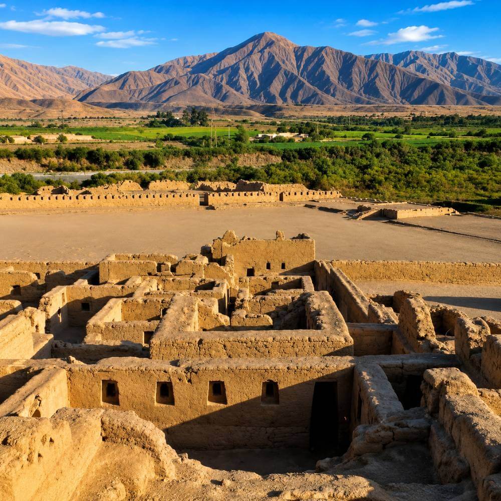 Panoramic view of Tambo Colorado Inca ruins with the Pisco Valley and Andes Mountains, showcasing one of Peru's best-preserved archaeological sites.