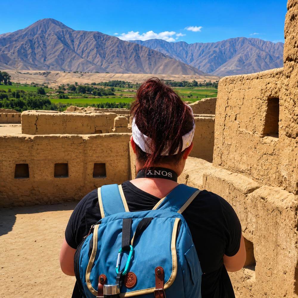 Traveler exploring the ancient adobe structures of Tambo Colorado while overlooking the scenic Pisco Valley in southern Peru.