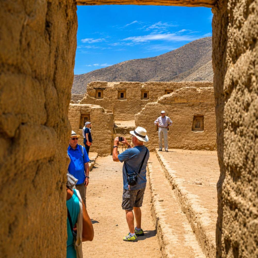 Visitors exploring the adobe courtyards of Tambo Colorado during a guided archaeological tour in the Pisco Valley, Peru.