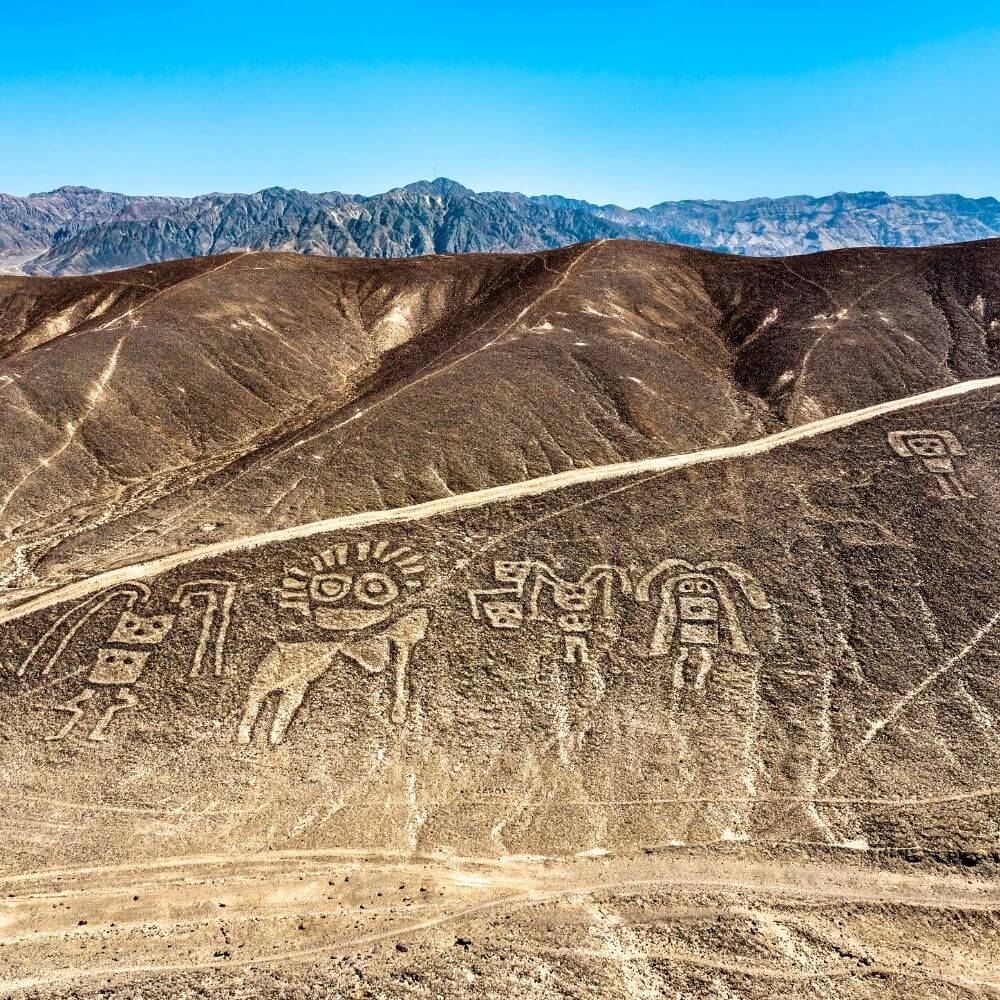Ancient geoglyphs carved into the hills of the Palpa Valley near Nazca, Peru.