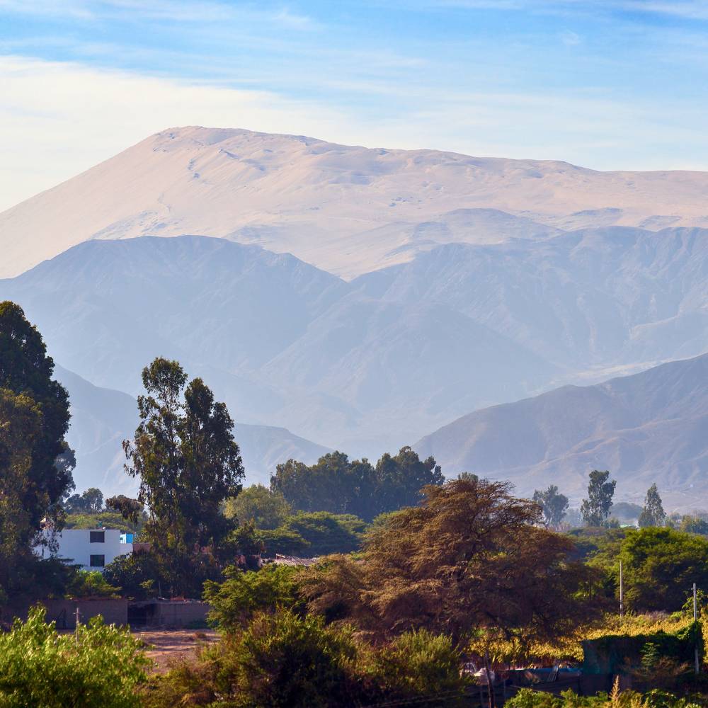 Panoramic view of Cerro Blanco, the world's highest sand dune, rising above the Nazca Valley in Peru.
