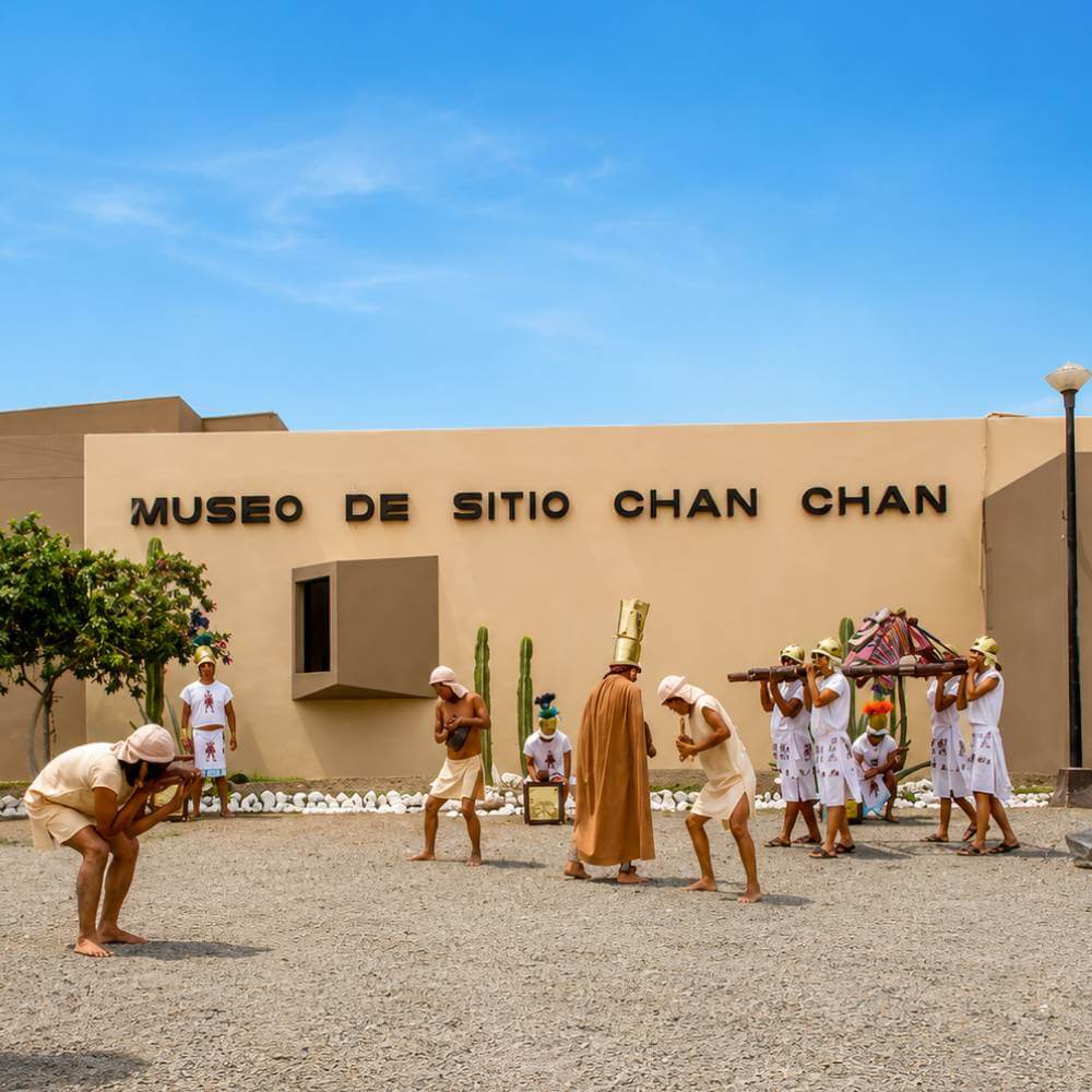 Chan Chan Site Museum in Trujillo, Peru showcasing a traditional Chimú cultural performance before visiting the UNESCO World Heritage archaeological site