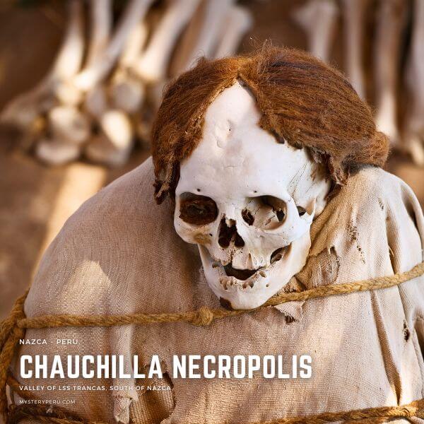 Ancient Corpse on display at the Chauchilla Cemetery in Nazca.