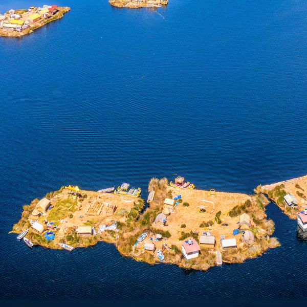 Aerial view of a floating islands at the Uros Community.