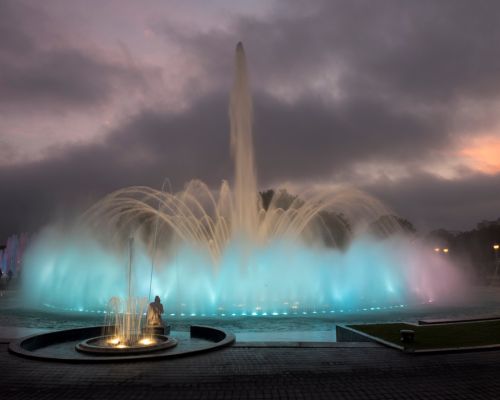 The Magic Water Circuit fountains glowing in Lima at night.