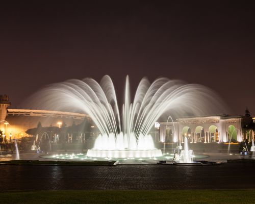 Colorful water fountains dancing in Lima’s Magic Water Park.