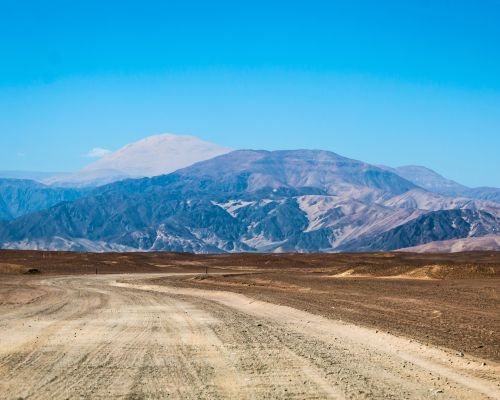 Desert road towards the ruins of Cahuachi in Nazca.