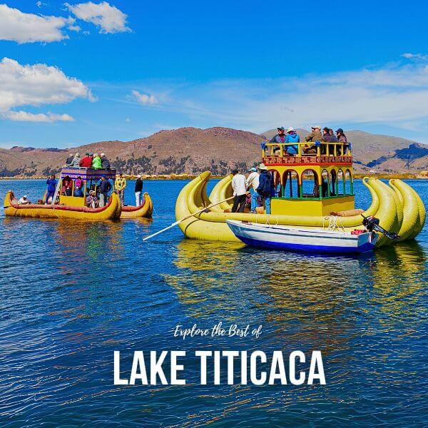 View of Lake Titicaca, the highest navigable lake in the world, surrounded by mountains.
