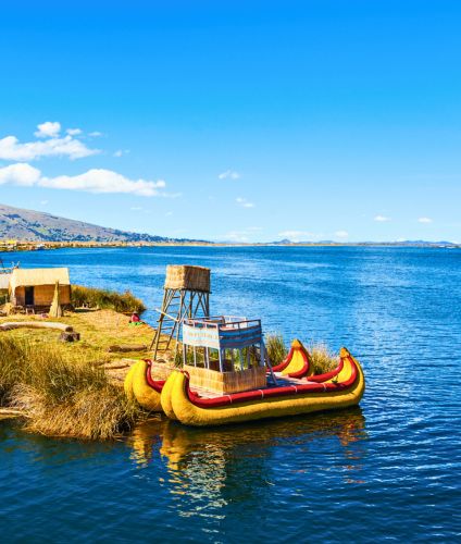 Uros Floating Islands on Lake Titicaca, sacred waters of the Mystic Peru tour.