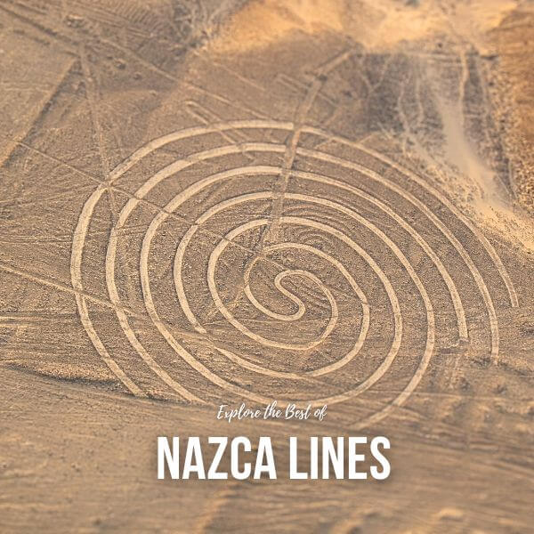 Aerial view of the famous Nazca geoglyphs in the Peruvian desert.