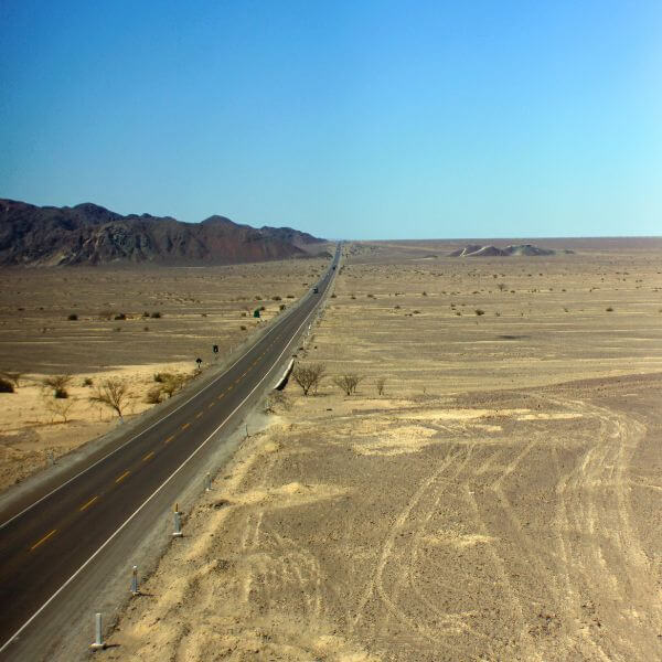 Highway crossing the Nazca Lines desert from Ica to Nazca