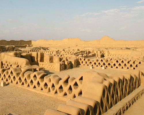 Aerial view of geometric structures at Chan Chan site