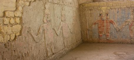 Colorful Moche mural showing ancient leaders