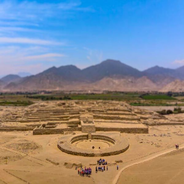 View of the circular plaza and pyramid structures at Caral archaeological site