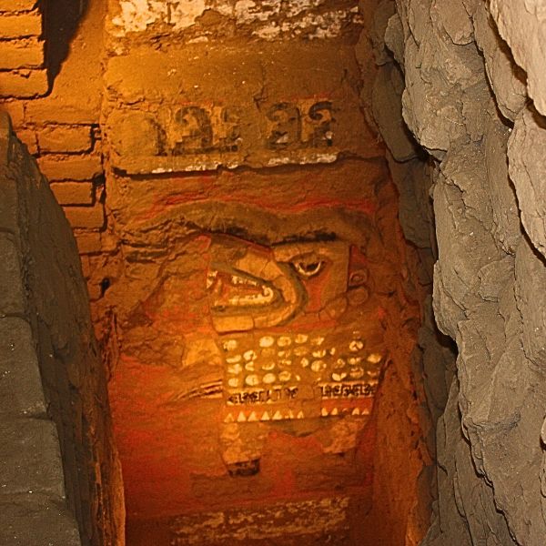 Relief of the fearsome Moche god Aia-Paec inside the Moon Temple