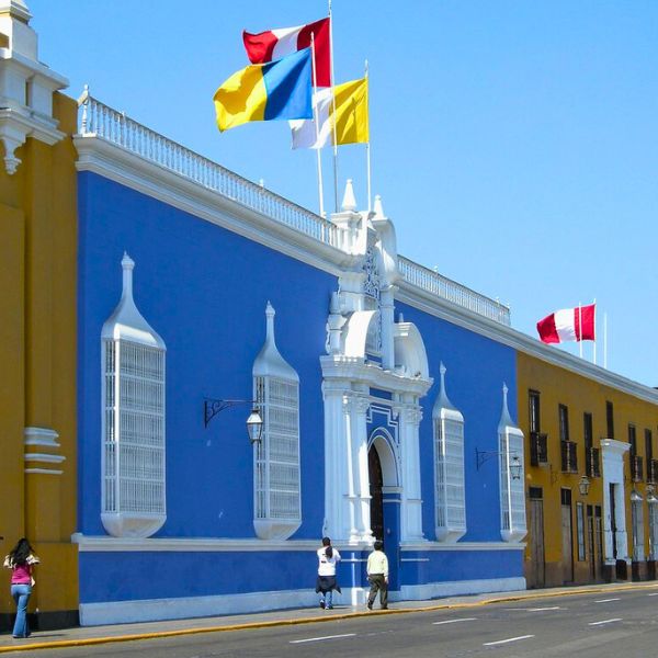 Blue and white Urquiaga Colonial House in Trujillo, Peru